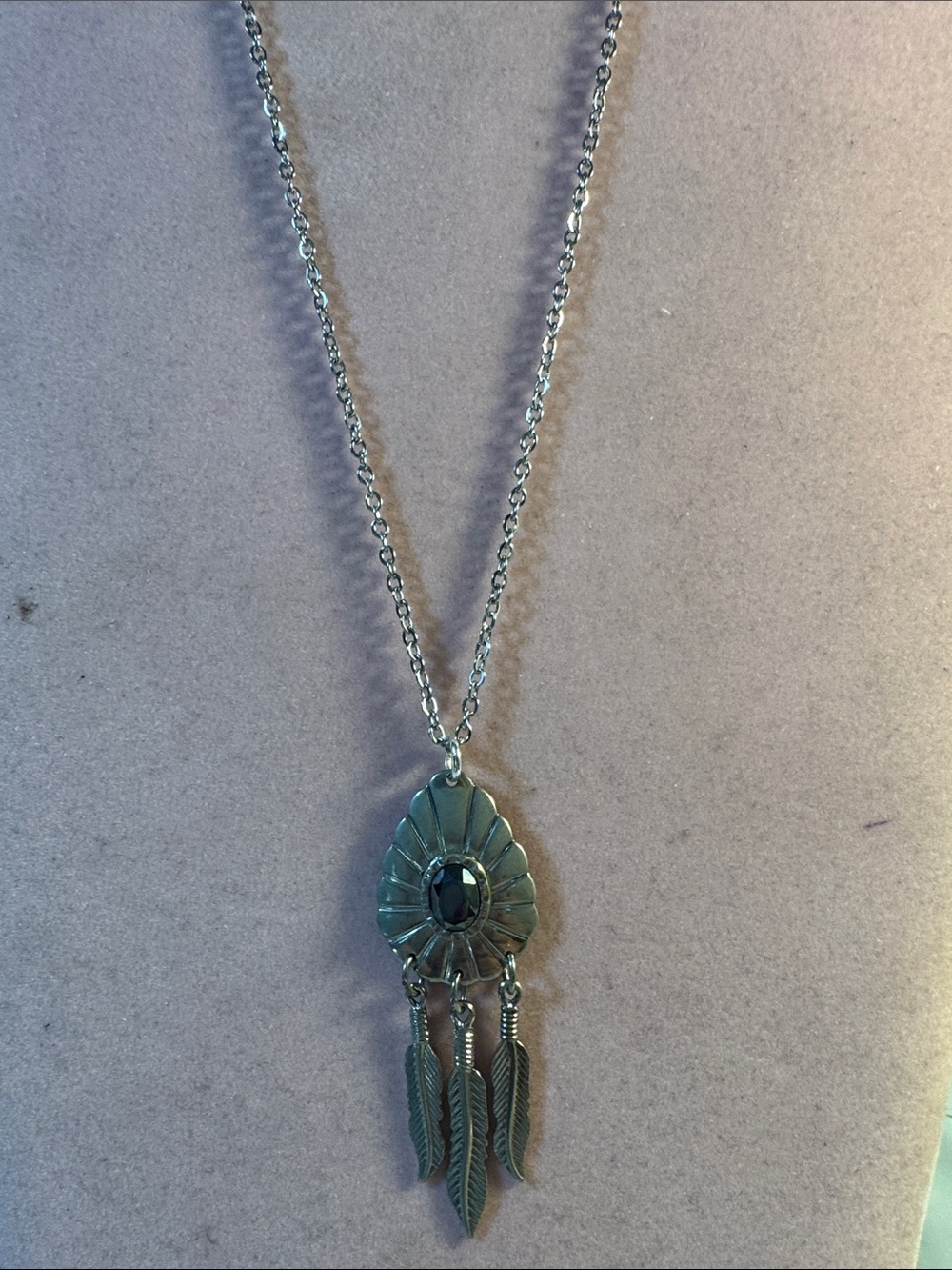 Hand Crafted Silver-Tone Dreamcatcher Necklace with Black Stone 12”